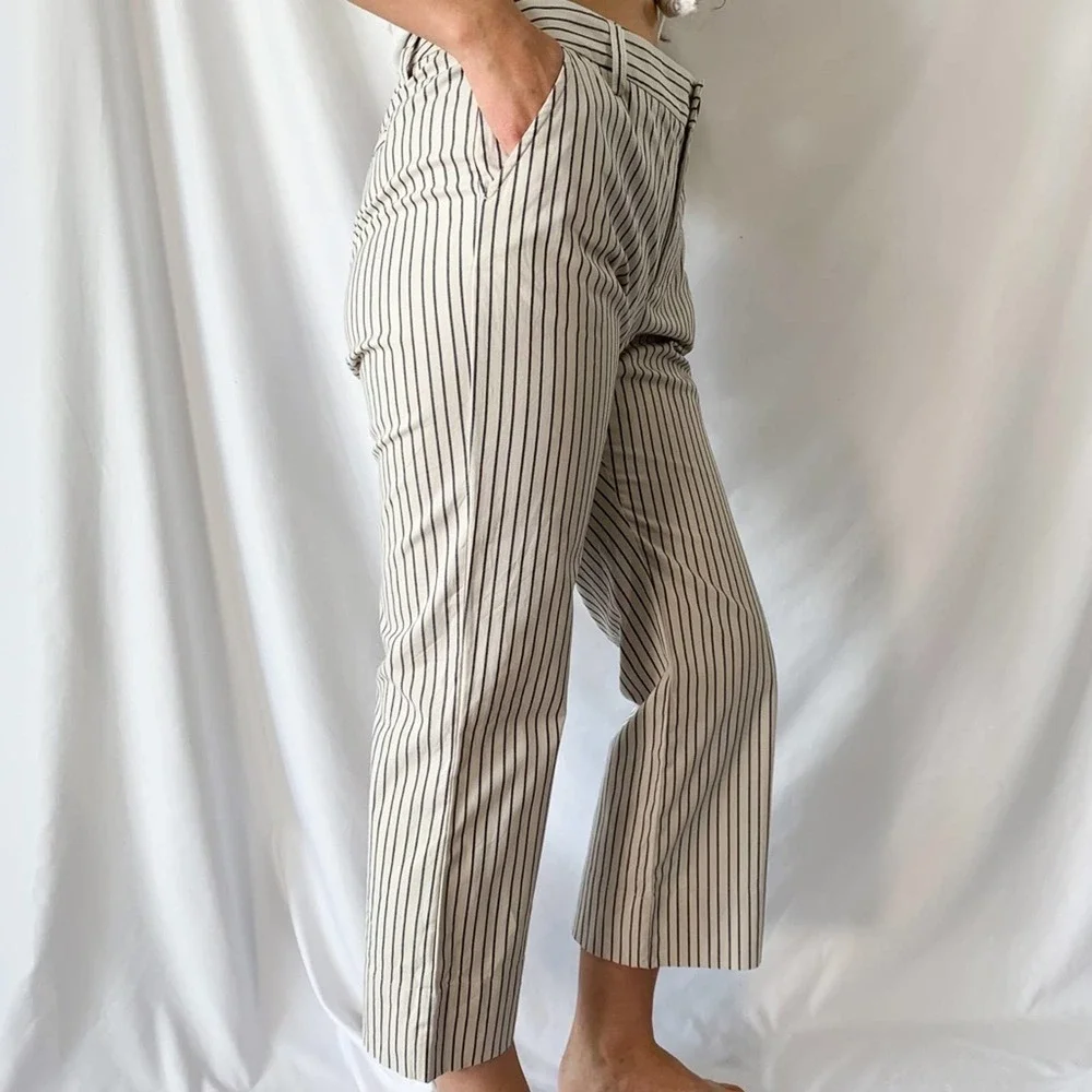 Cabi Striped Modern Beige & Navy Blue Striped Crop Wide Leg Trousers Size 6 - Picture 6 of 12